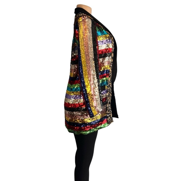 ALICE + OLIVIA Kylie Sequin Shawl Collar Jacket Black Multicolored - Picture 8 of 11